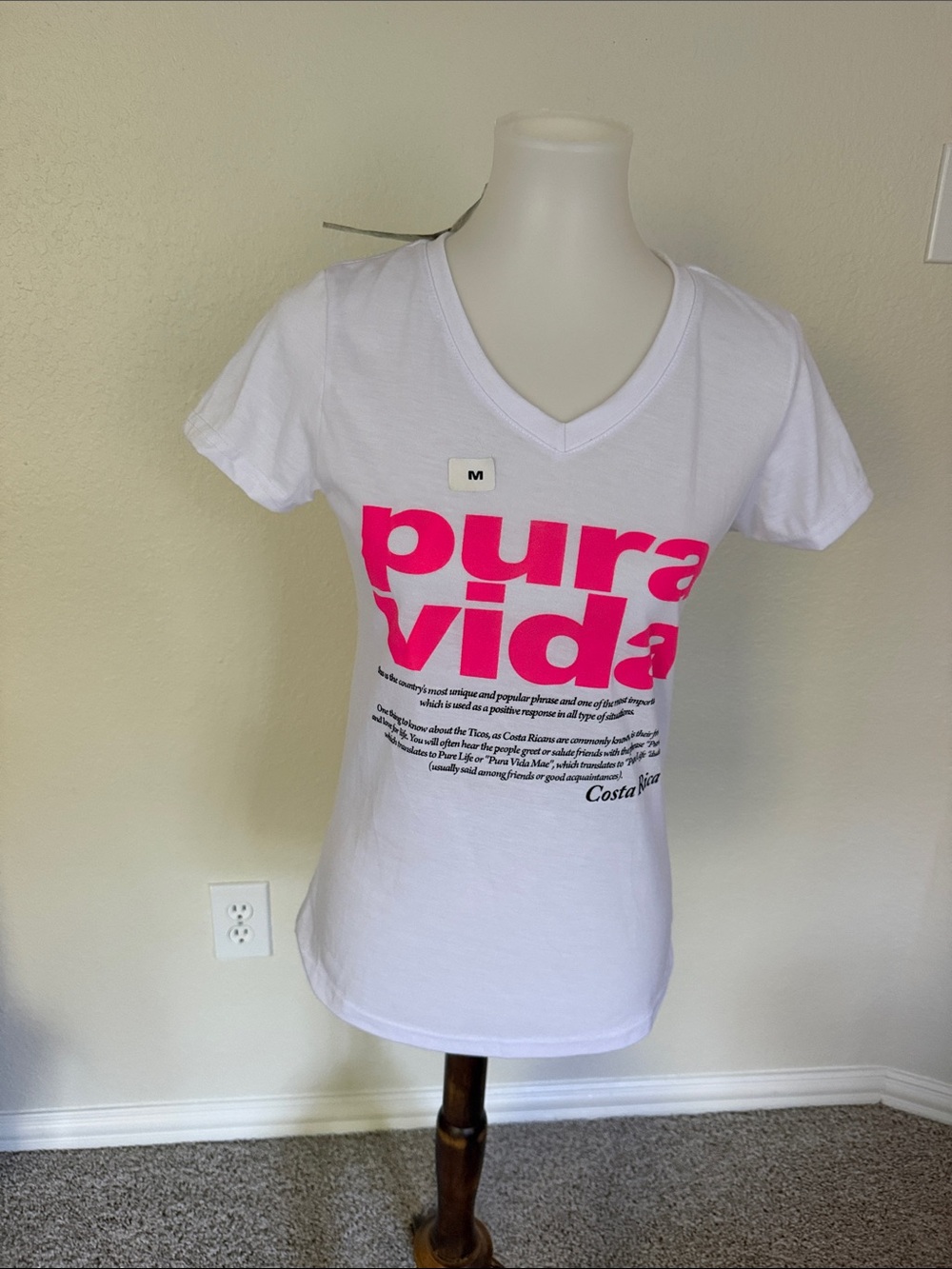 Pura Vida White V-Neck Tee with Hot Pink Logo
